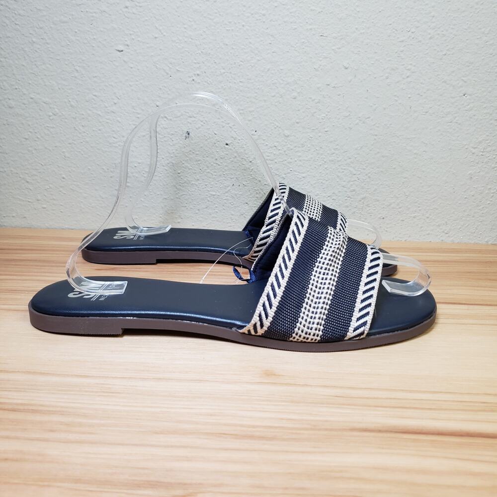 SM New York Women's‎ 9 Textile Stripe Slide Sandals Blue Coastal Nautical Beach